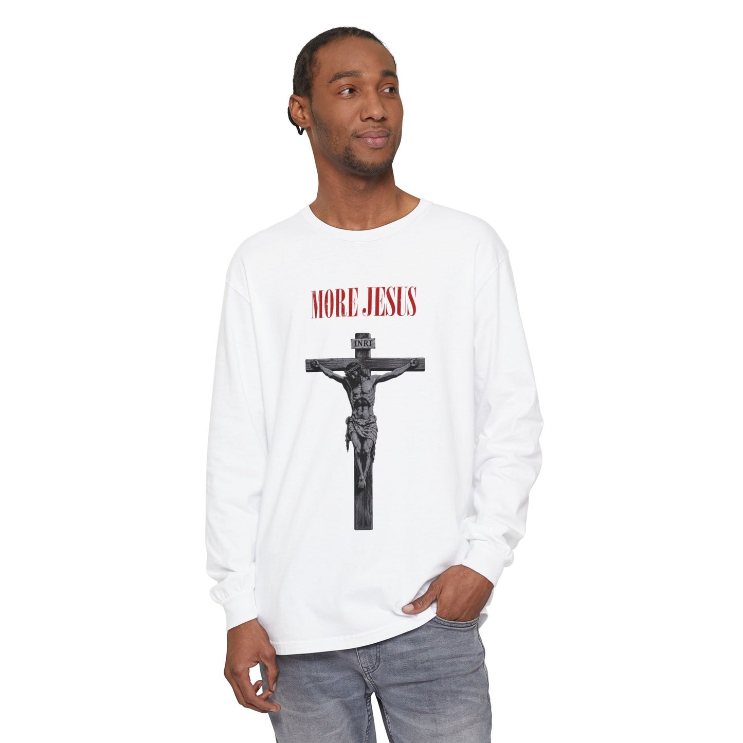 More Jesus Long Sleeve T-Shirt — Christian Crucifix Faith Tee