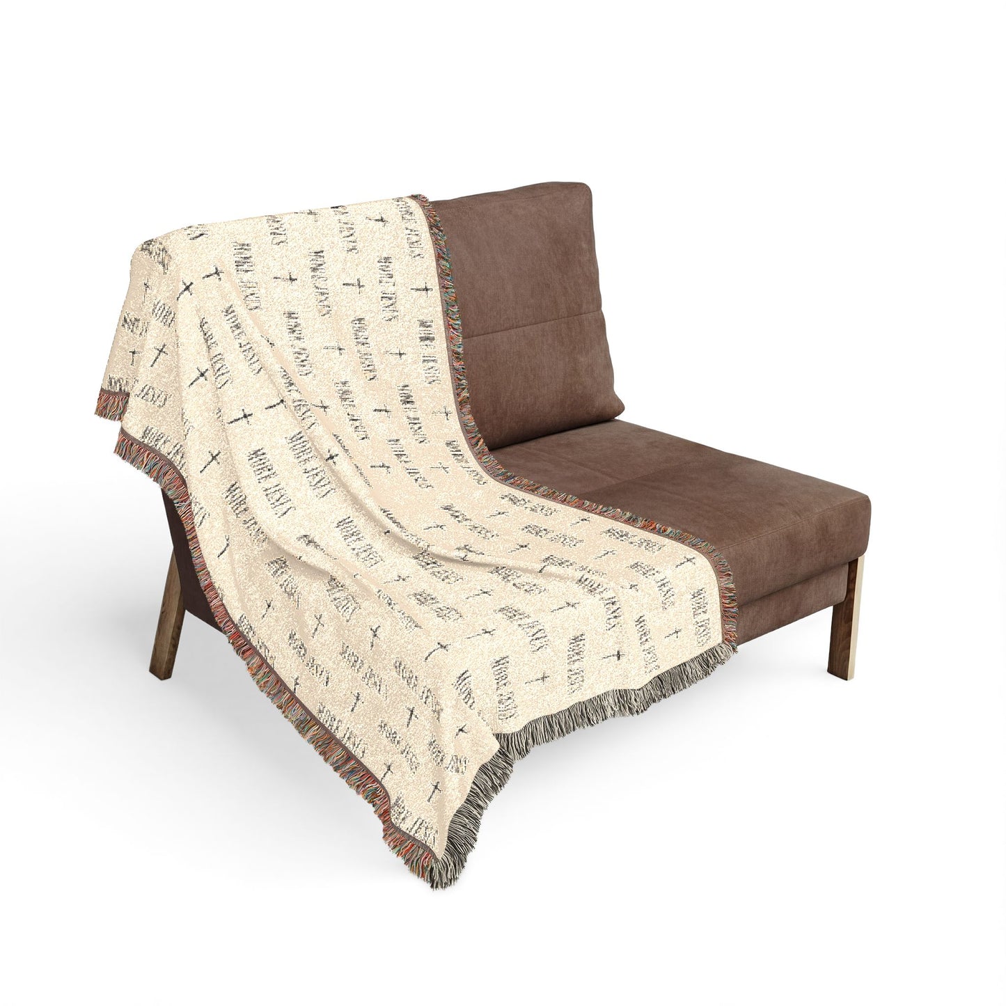 Woven Blanket — Neutral Patterned Throw Blanket with Subtle MORE JESUS & Cross Motif