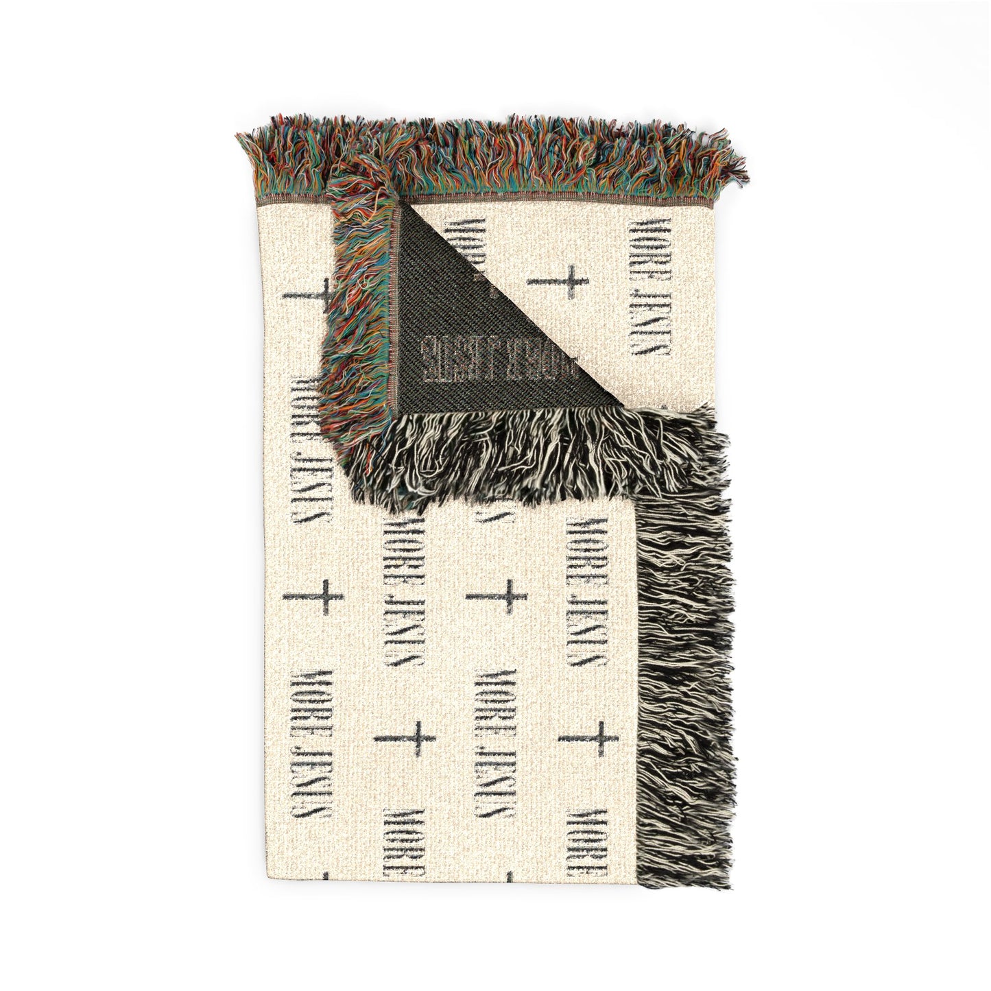 Woven Blanket — Neutral Patterned Throw Blanket with Subtle MORE JESUS & Cross Motif