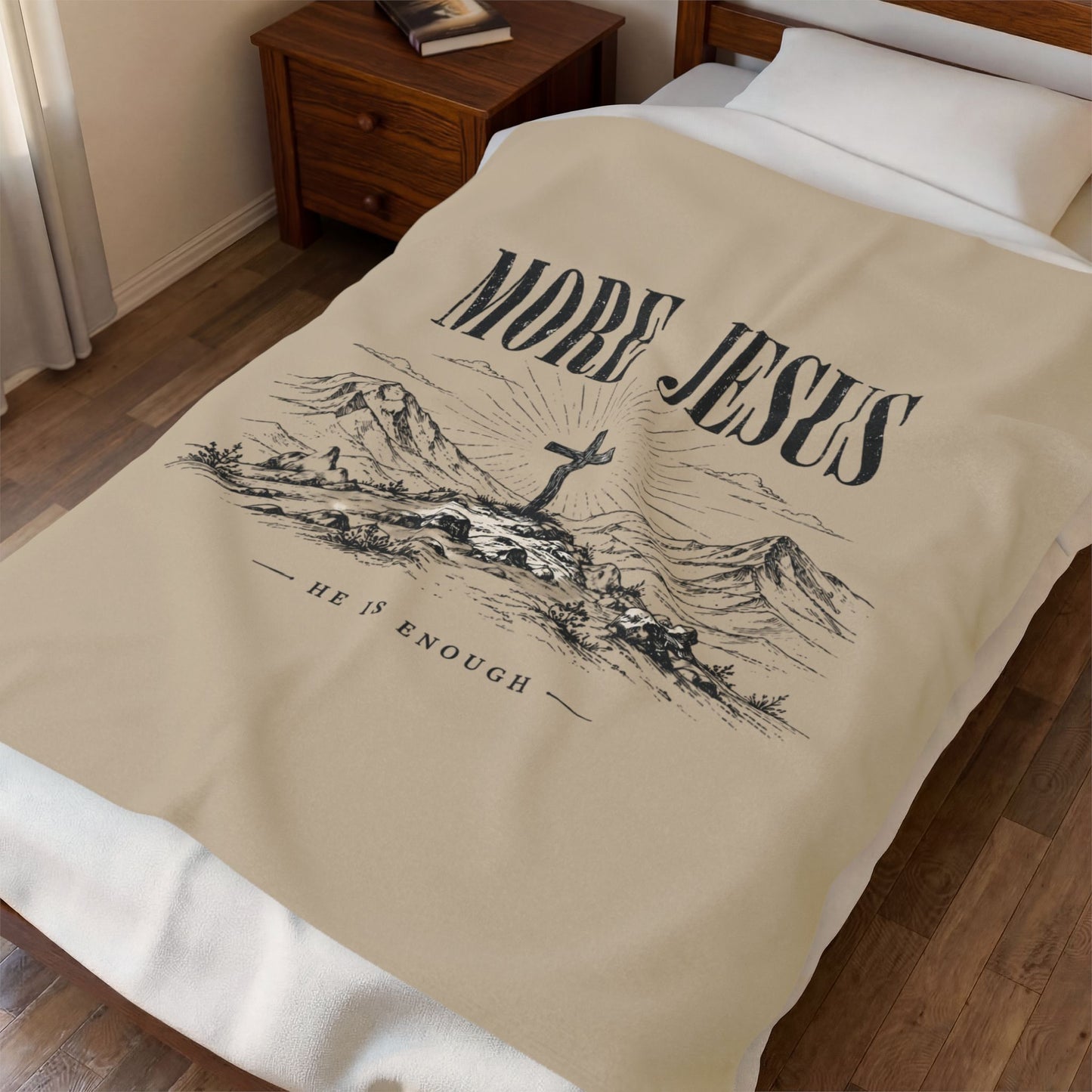Velveteen Plush Blanket — "More Jesus" Cross Devotional Throw