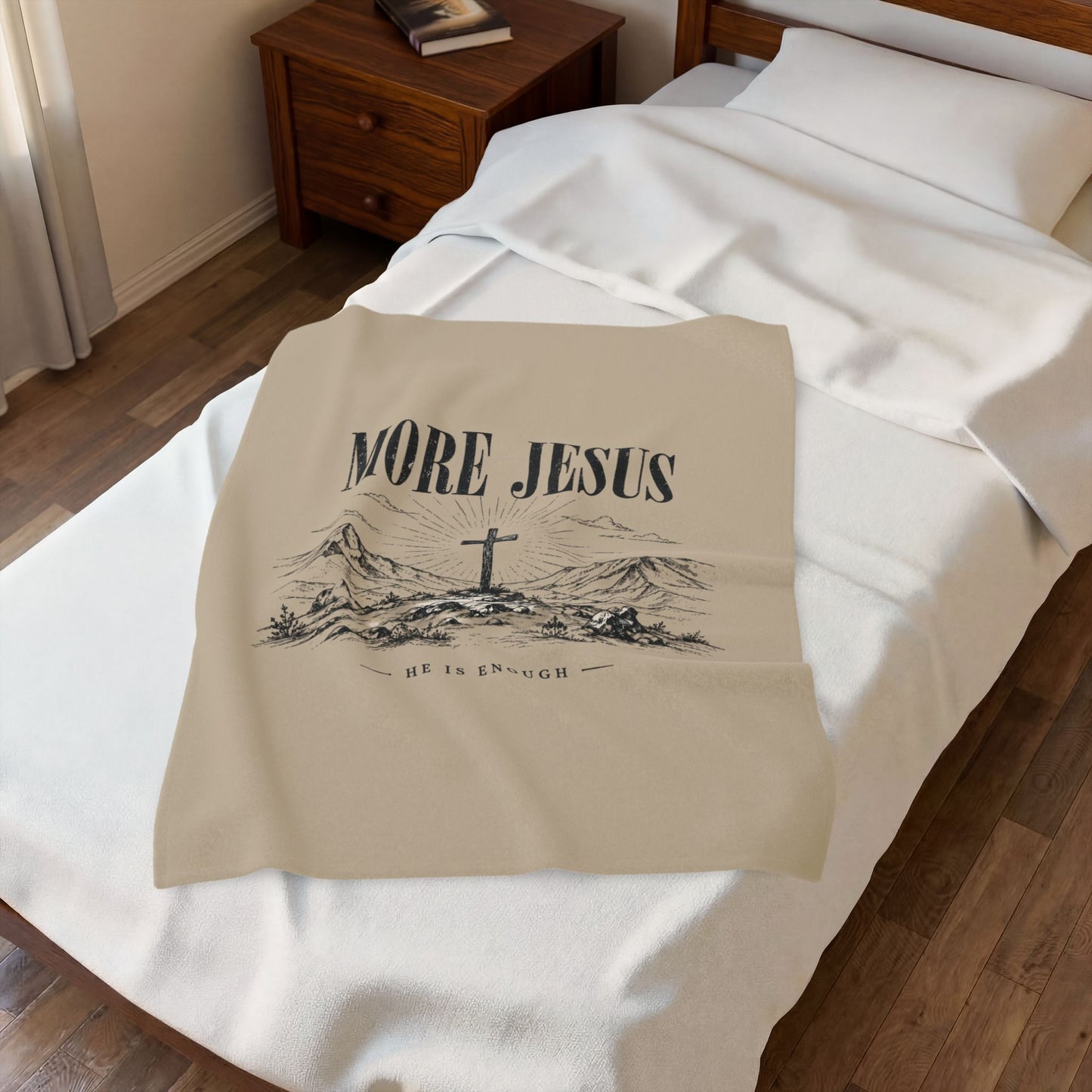 Velveteen Plush Blanket — "More Jesus" Cross Devotional Throw