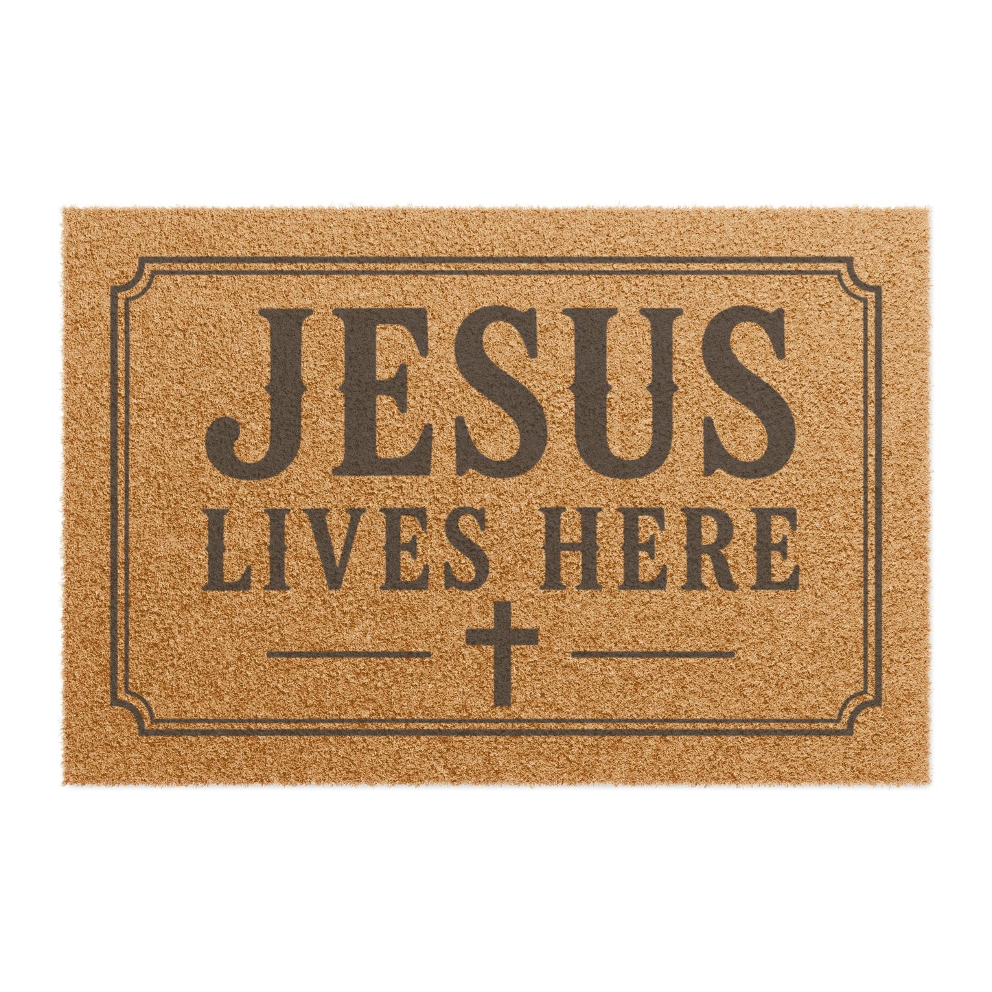 Jesus Lives Here Doormat — Outdoor Religious Welcome Mat with Cross