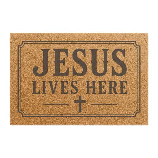 Jesus Lives Here Doormat — Outdoor Religious Welcome Mat with Cross