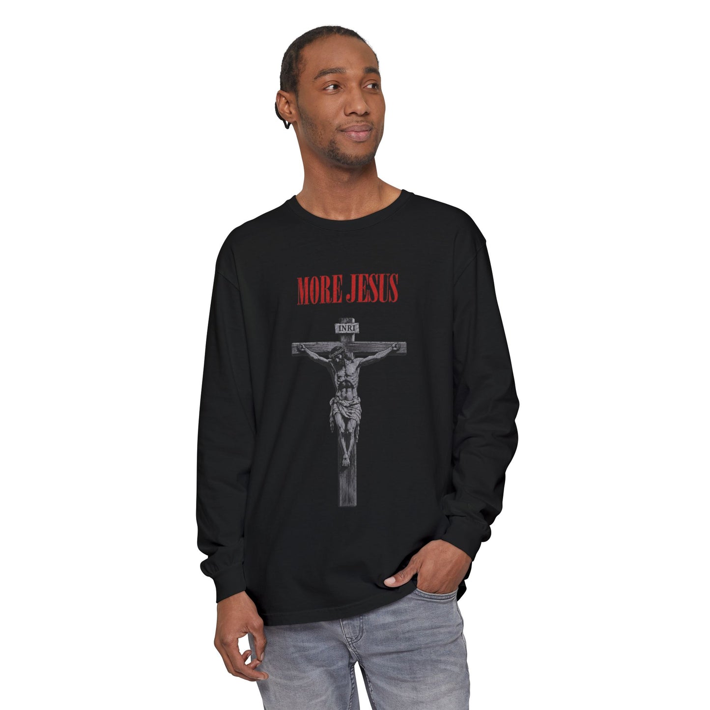 More Jesus Long Sleeve T-Shirt — Christian Crucifix Faith Tee