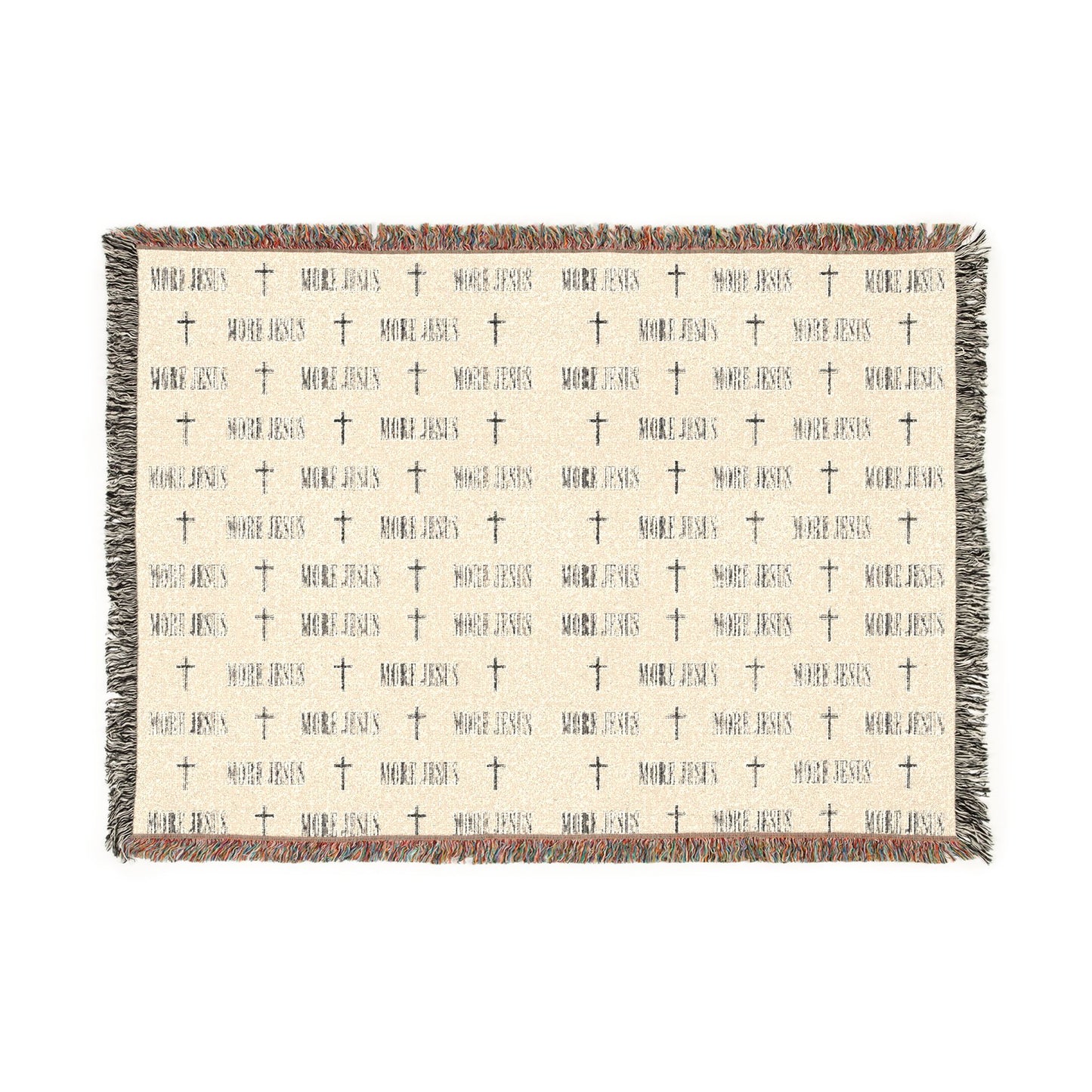 Woven Blanket — Neutral Patterned Throw Blanket with Subtle MORE JESUS & Cross Motif