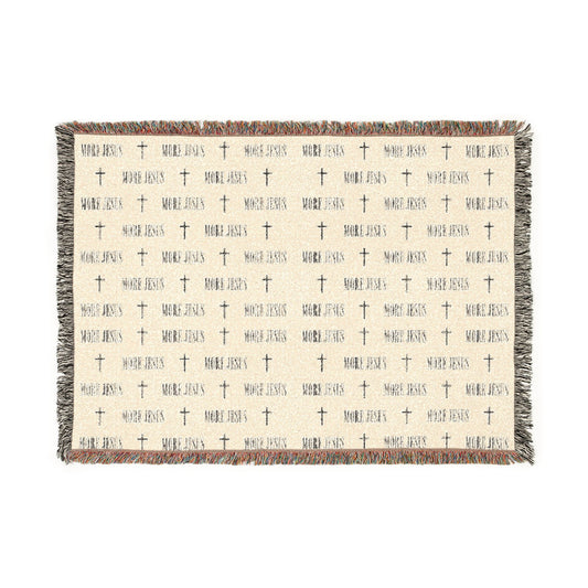 Woven Blanket — Neutral Patterned Throw Blanket with Subtle MORE JESUS & Cross Motif