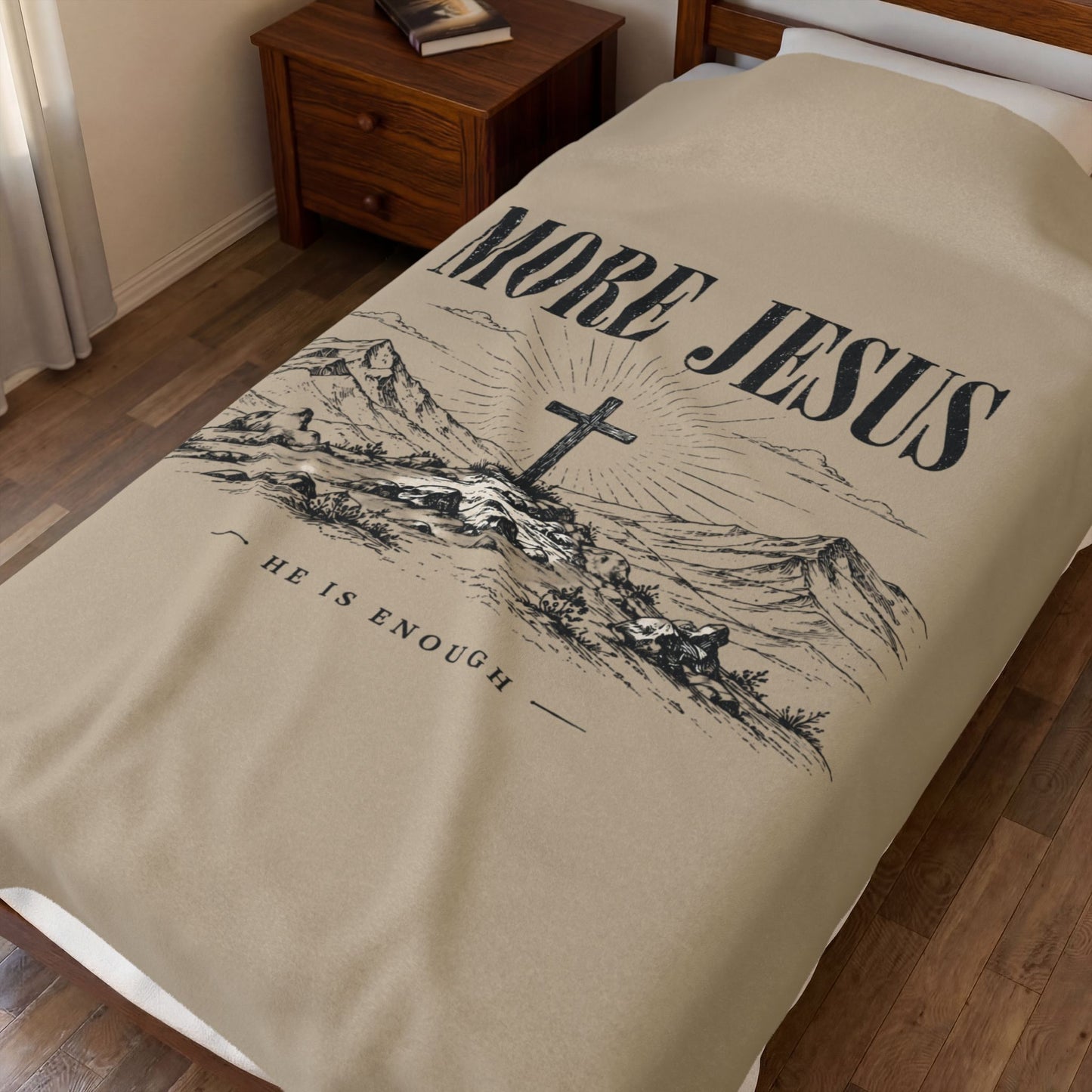 Velveteen Plush Blanket — "More Jesus" Cross Devotional Throw