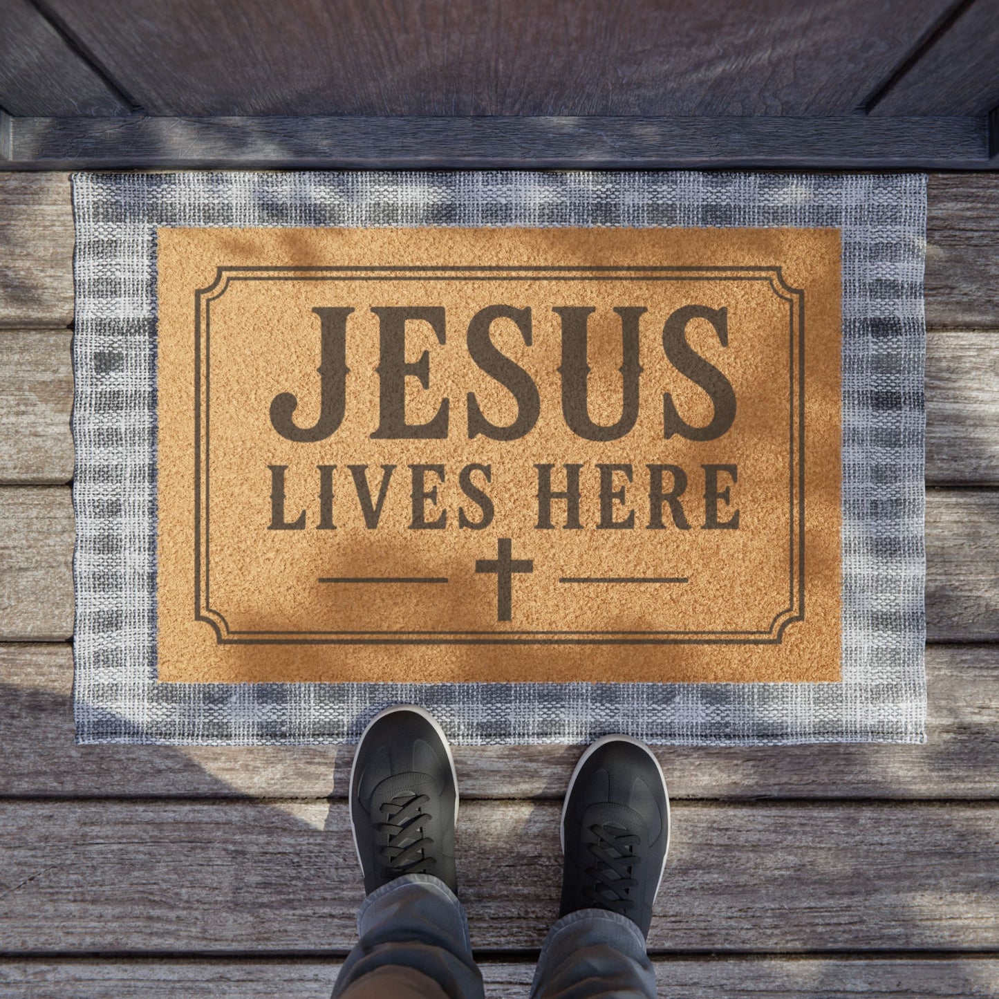 Jesus Lives Here Doormat — Outdoor Religious Welcome Mat with Cross