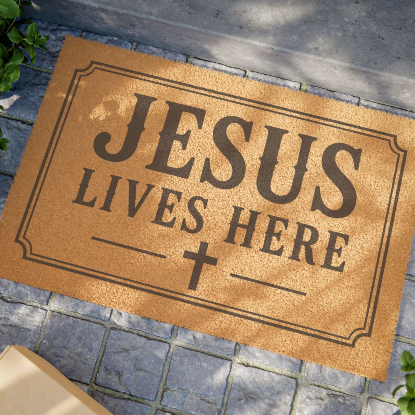 Jesus Lives Here Doormat — Outdoor Religious Welcome Mat with Cross